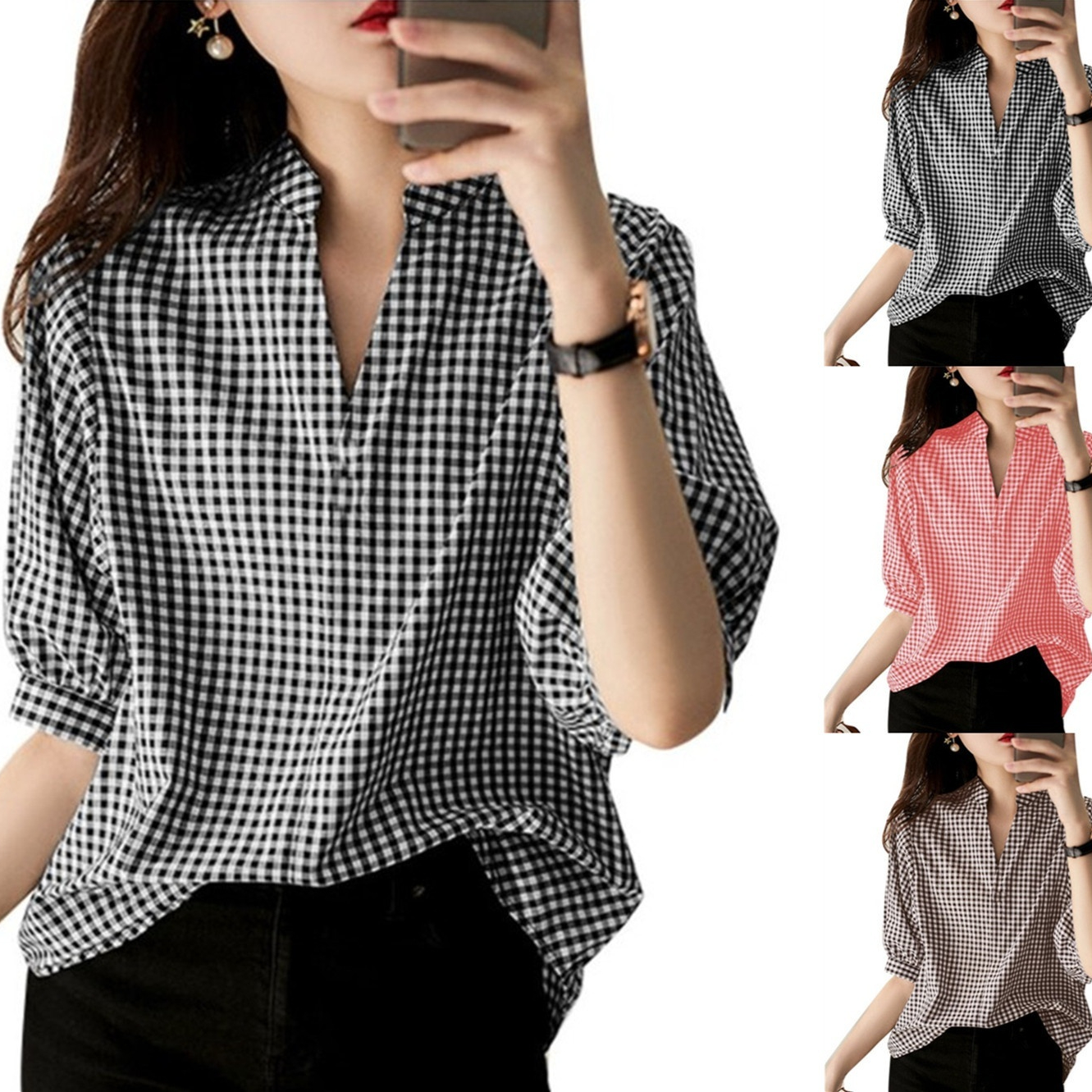 Loose Casual Half Sleeve Plaid Printed Shirt