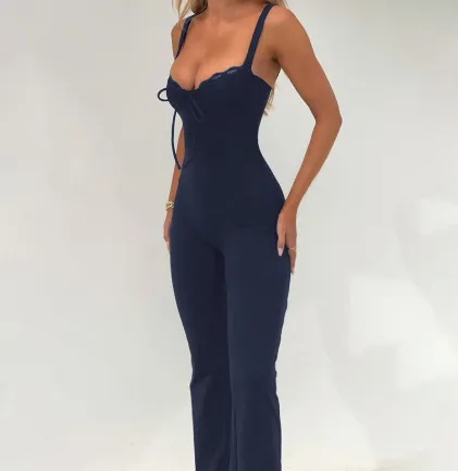 Women's Lace Chest Cup Sling Jumpsuit Dark Blue - Shop at LoveMi