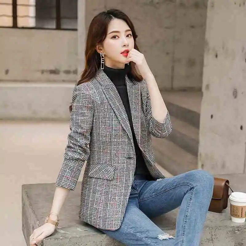 Plaid Suit Women's Waist Trimming Casual Coat - Gray