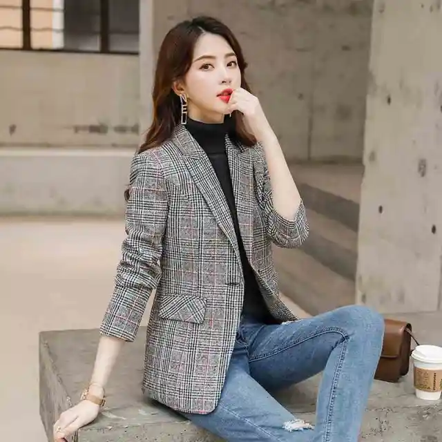 Plaid Suit Women's Waist Trimming Casual Coat Gray - Shop at LoveMi