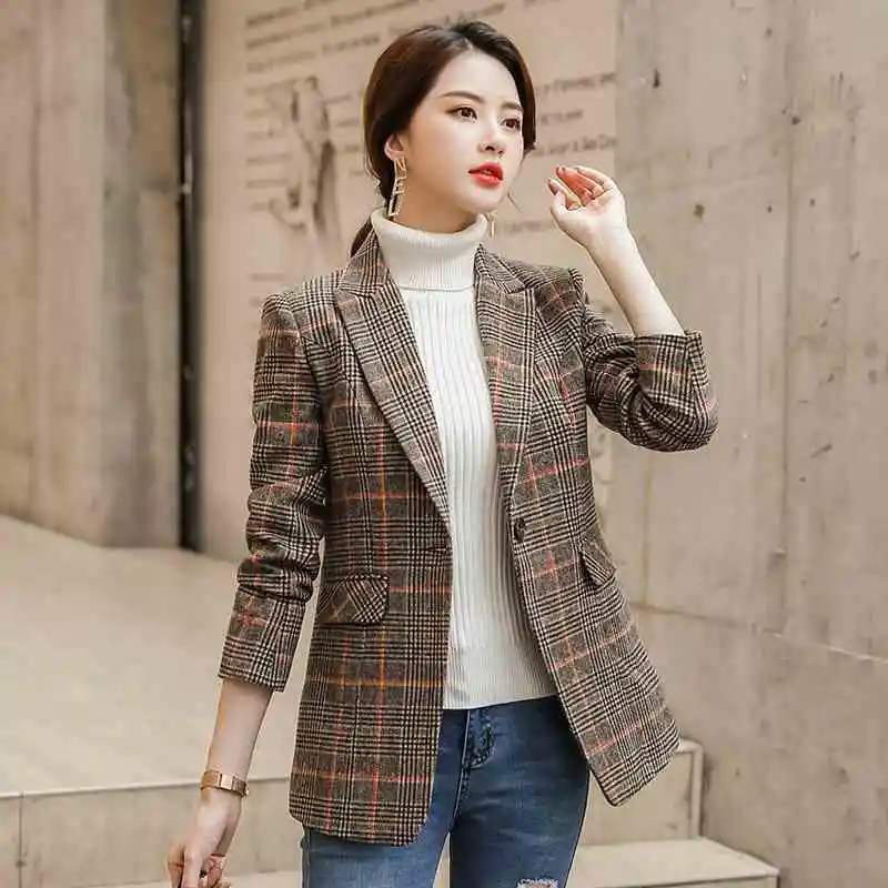 Plaid Suit Women's Waist Trimming Casual Coat - Coffee