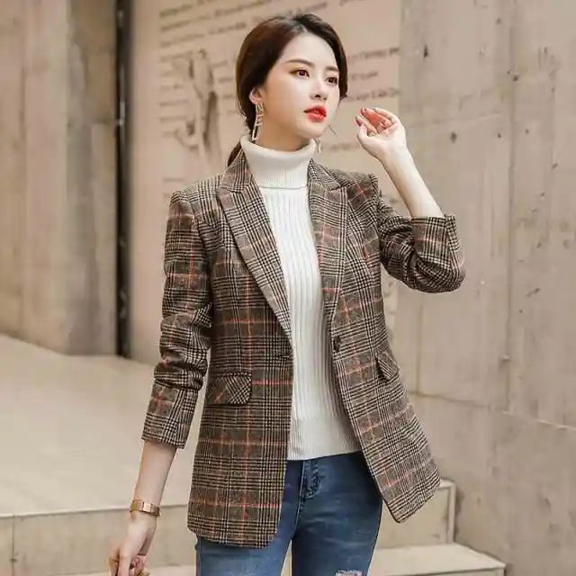 Plaid Suit Women's Waist Trimming Casual Coat Coffee - Shop at LoveMi