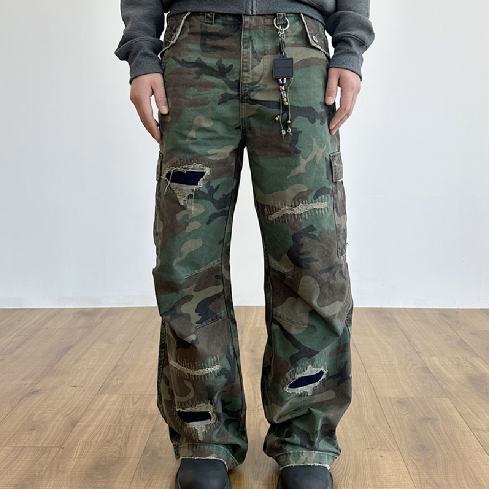 Distressed Military Camouflage Destruction Affixed Cloth Embroidered Loose Straight Cargo Pants
