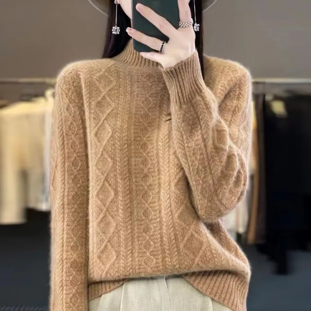 Autumn And Winter Thickening Half Turtleneck Cable knit Sweater Sweater Golden Camel Color - Shop at LoveMi