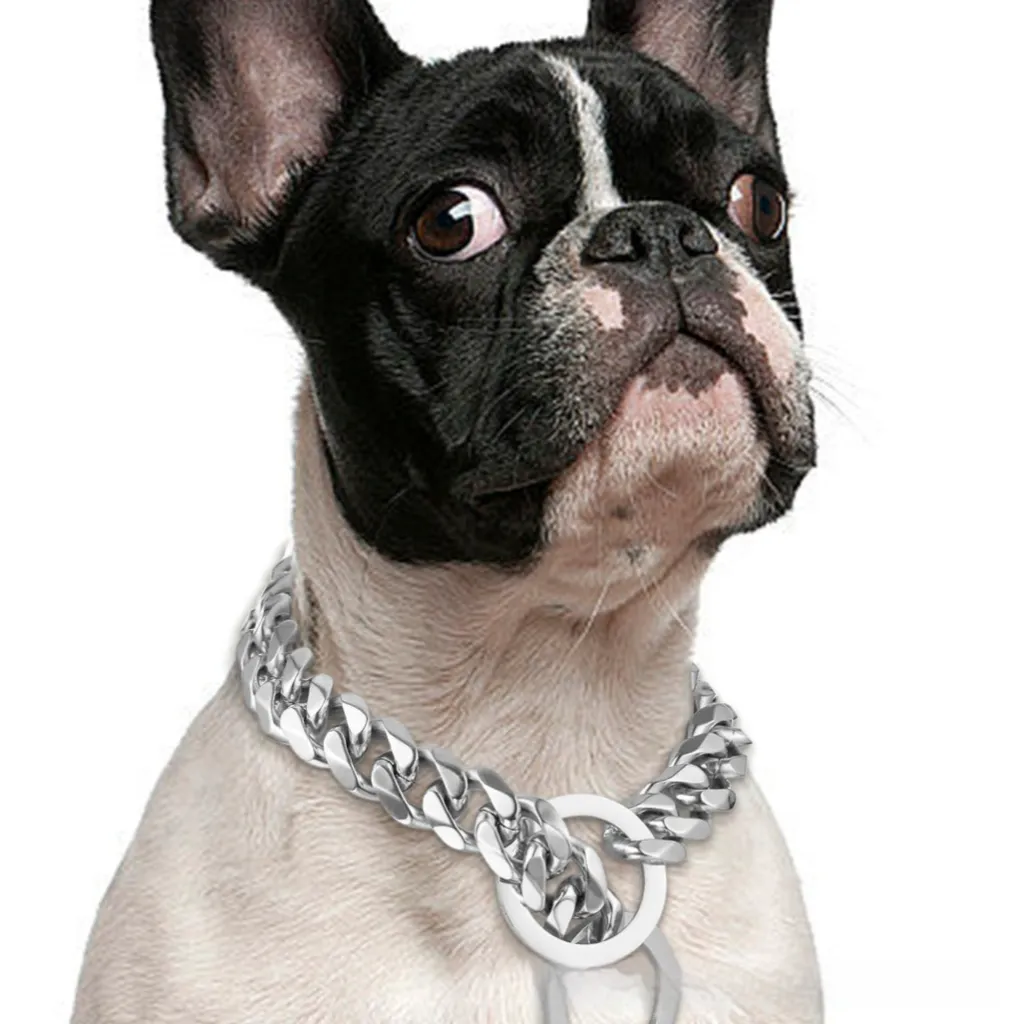 Titanium Steel Metal Hip Hop Pet 15mm Gold Stainless Steel Dog Leash - Silver