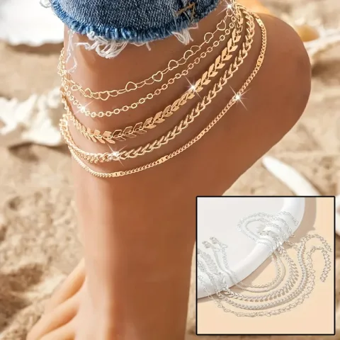 5Pcs Bohemian Airplane Chain Ankle Fashion Design Heart-shaped Anklets