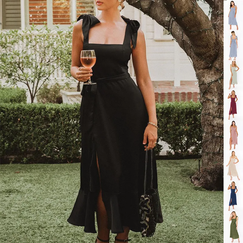 Temperament Suspender Split Dress with Lace-up Design Fashion Summer