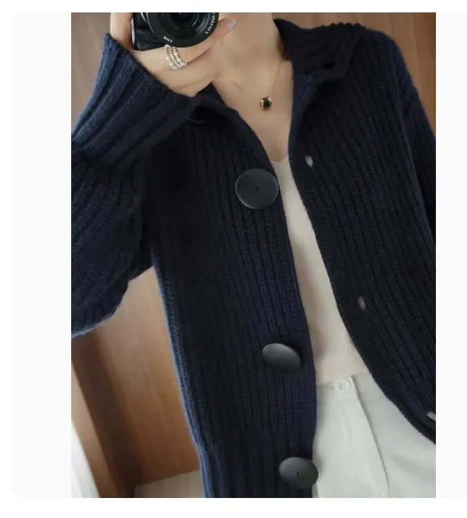 Retro Wool Cardigan Women's Short Long Sleeve Korean Style - Navy Blue