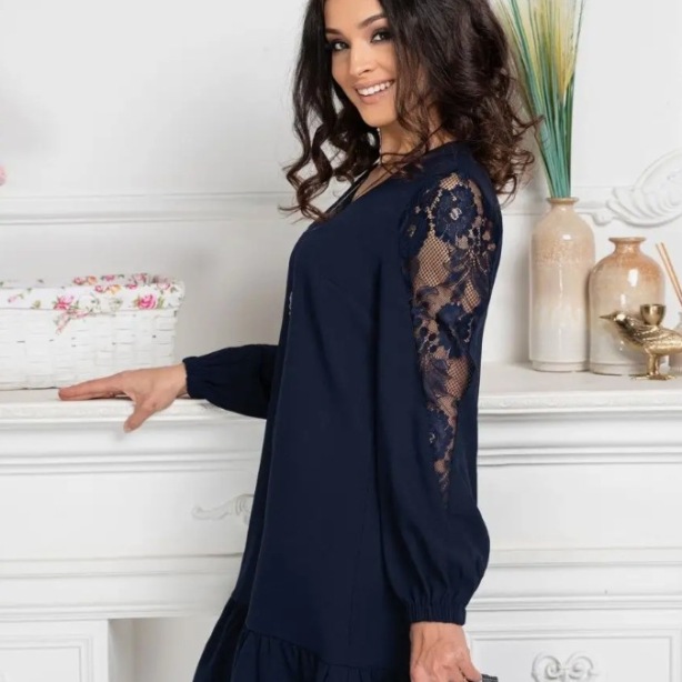 Round Neck Long Sleeve Hollow Lace Sleeve Slim Fit Patchwork Dress