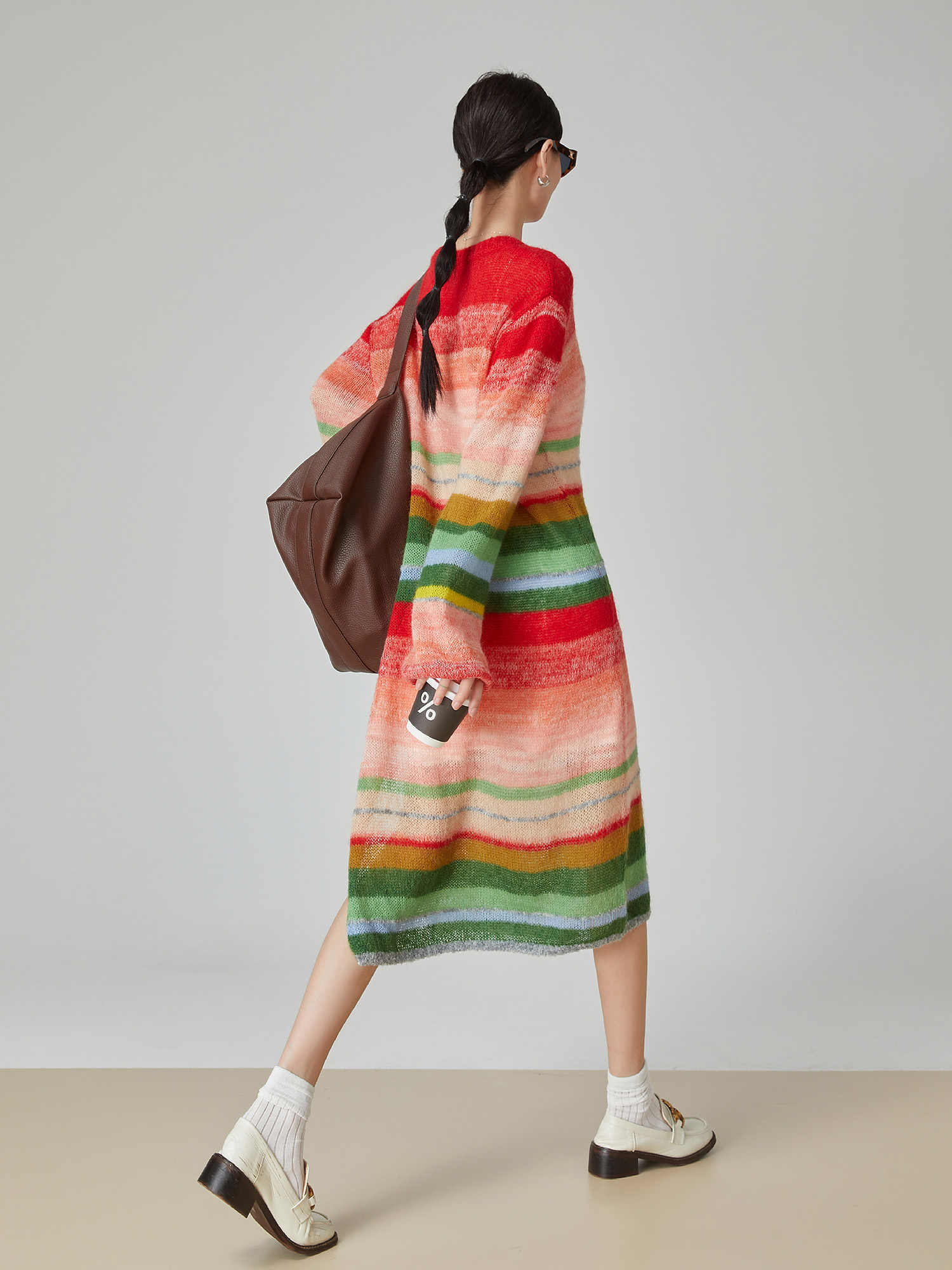 Rainbow Striped Long Sleeve Knitted Dress Women's Thin Side Slit Dress