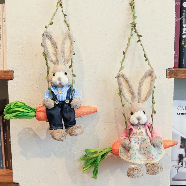 Straw Rabbit Living Room Floor Stand Decoration Garden Balcony Decoration Floral Swing Rabbit Pair - Shop at LoveMi