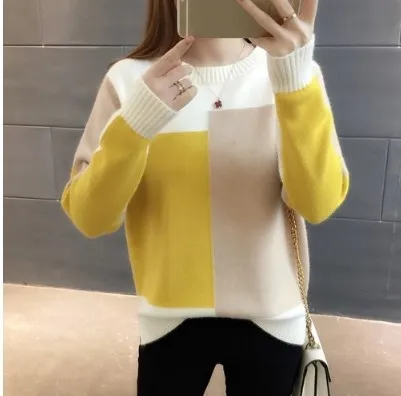 Candy colored Pullover Women's Color Matching Long sleeved Sweater White - Shop at LoveMi