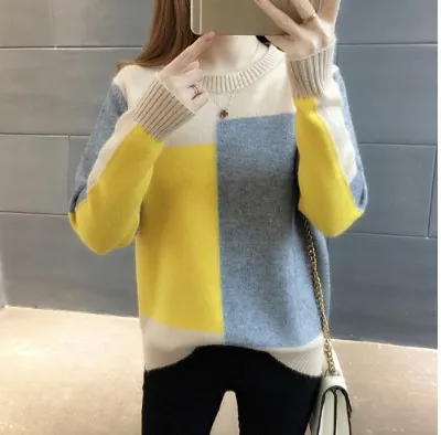Candy colored Pullover Women's Color Matching Long sleeved Sweater Khaki - Shop at LoveMi
