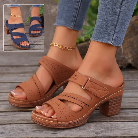 Square-heeled Peep-toe Slides Shoes Summer Casual Chunky Heel Sandals