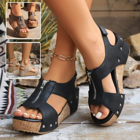 Summer Zipper Wedges Sandals Women's Lightweight Height Increasing Shoes