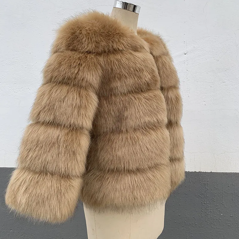 Slim Short Faux Fox Fur Coat - Light Camel