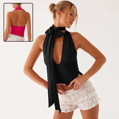 Deep V-neck Halter Tops Summer Fashion Y2K Sleeveless T-shirt For Women Clothing
