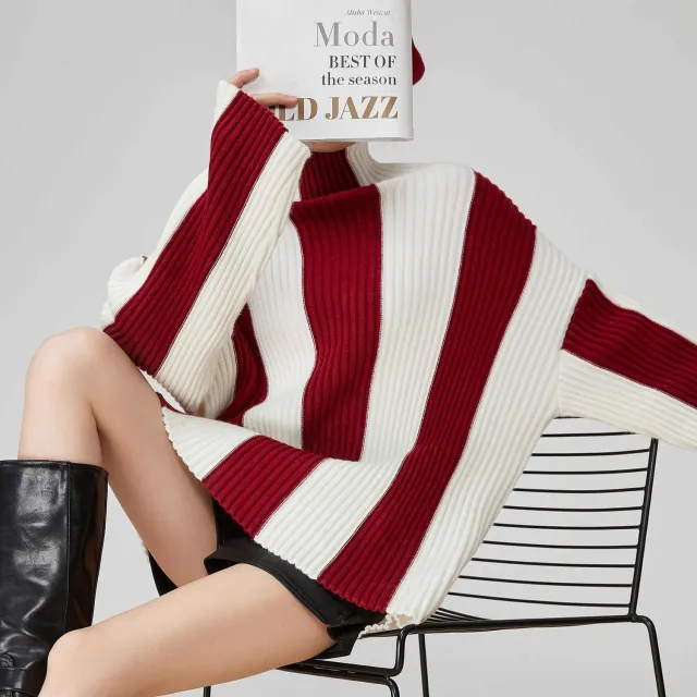 Contrast Color Pit Striped Turtleneck Sweater Wine Red - Shop at LoveMi