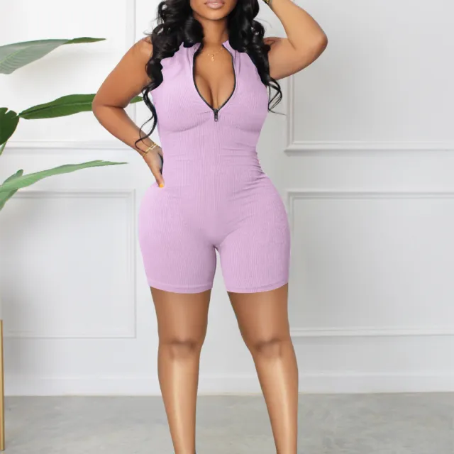 Women's Casual Sleeveless Candy Multi color Zipper Jumpsuit Purple - Shop at LoveMi