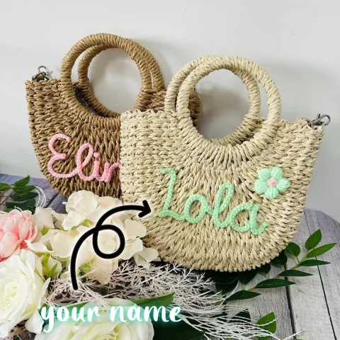 DIY Letter Name Seaside Vacation Style Grass Woven Handbag