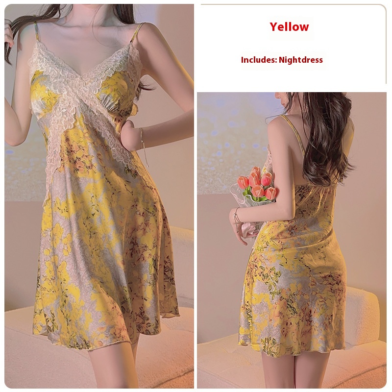 Yellow Floral Satin Cross Lace Waist Slimming Nightdress