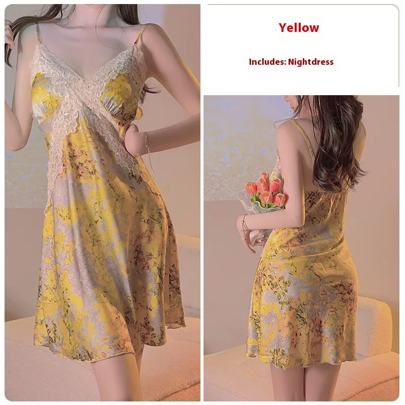Yellow Floral Satin Cross Lace Waist Slimming Nightdress - Yellow Nightdress