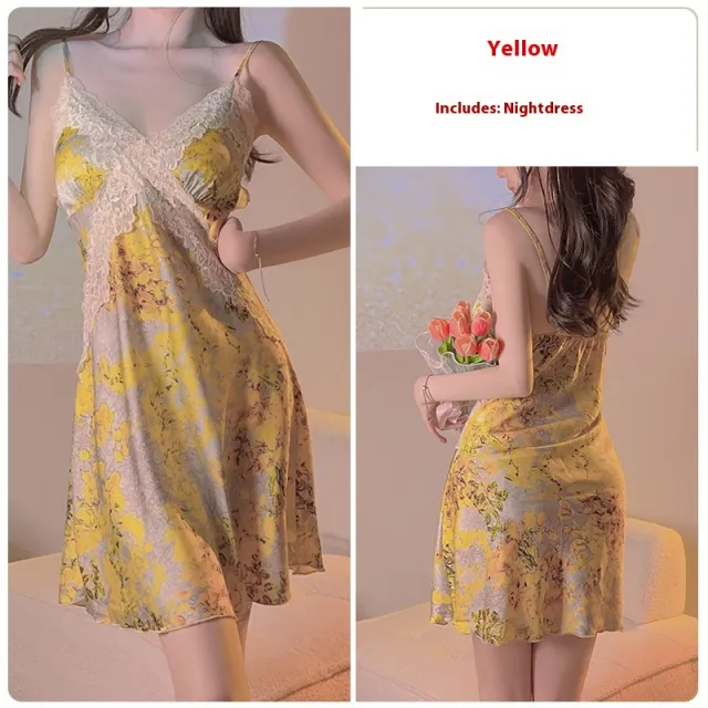 Yellow Floral Satin Cross Lace Waist Slimming Nightdress Yellow Nightdress - Shop at LoveMi
