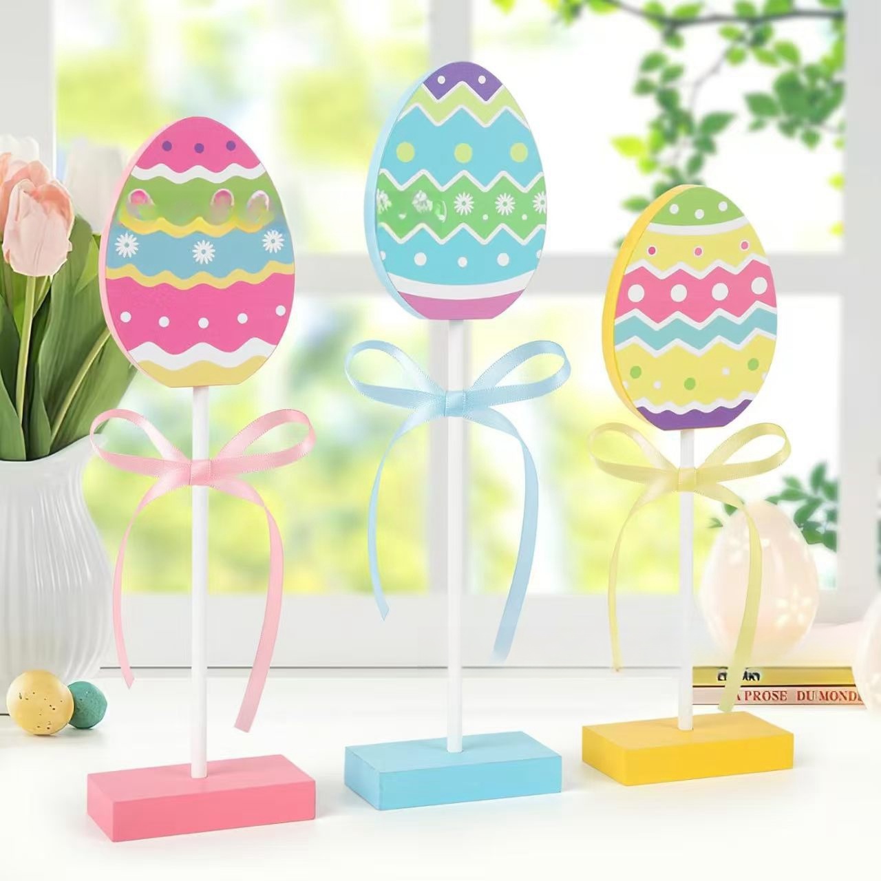 Easter Egg Bow Desktop Standing Ornaments Wooden Crafts