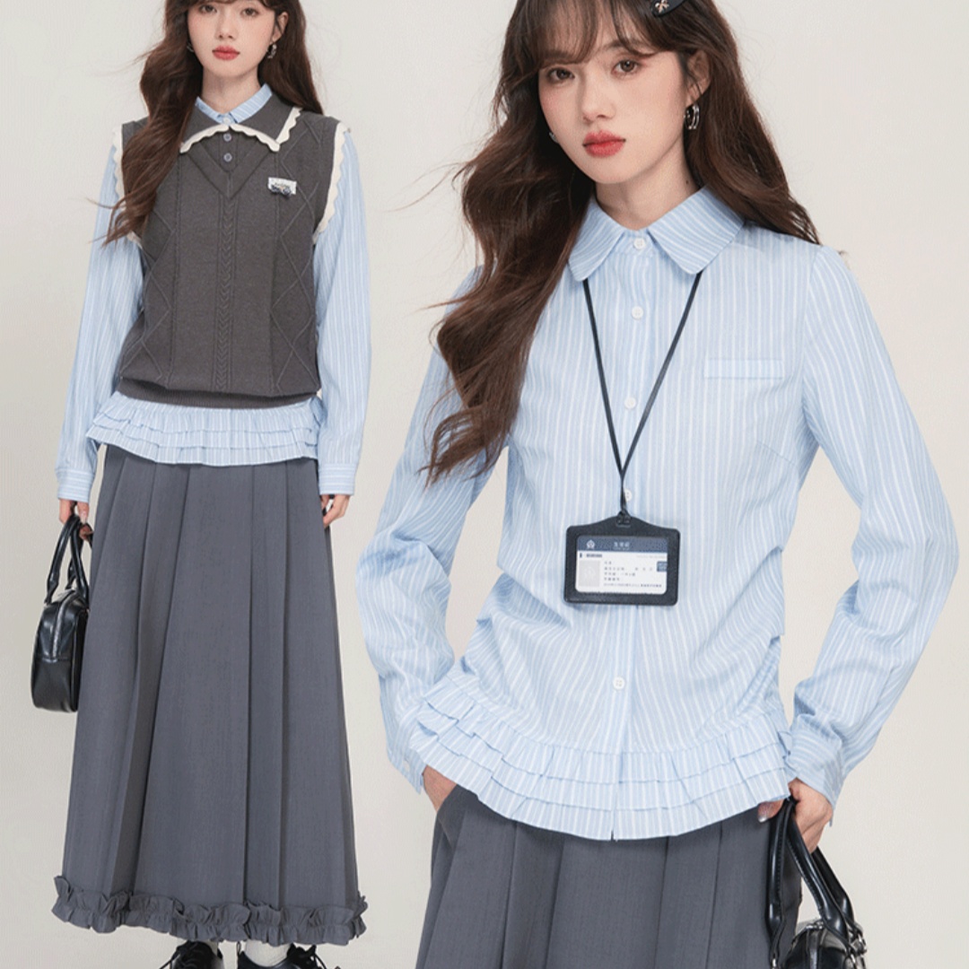 Blue French Striped Multi-layer Lace Shirt For Women