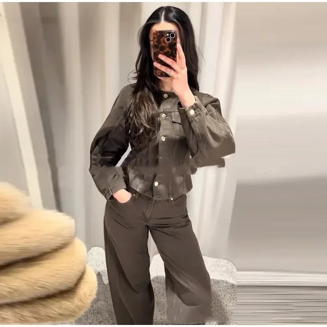 Single-breasted Denim Suit Wide-leg Pants