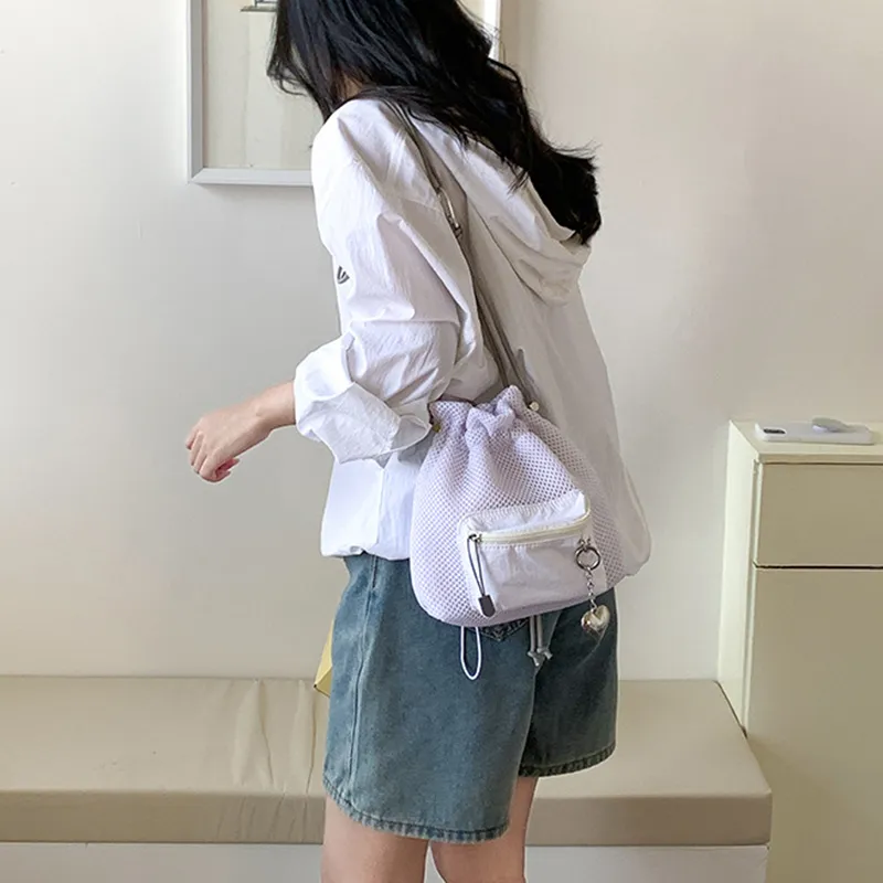 Small Mesh Drawstring Bucket Bag Fashion Cute Messenger Shoulder Bags For Women - Beige