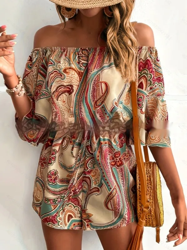 Women's Ethnic Off shoulder One piece Shorts Khaki - Shop at LoveMi