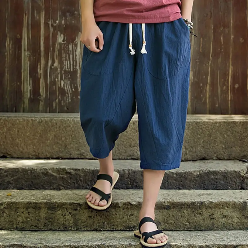 Cotton And Linen Cropped Trousers Chinese Style Wide-leg Linen Casual Shorts