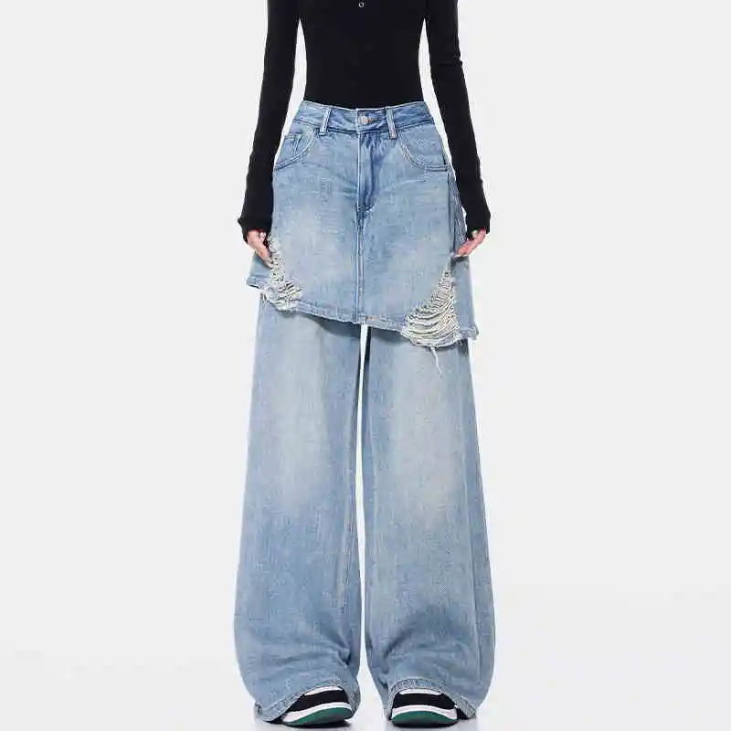 Vintage Blue Washed Fake Two-piece Jeans For Women Ripped Straight Pants