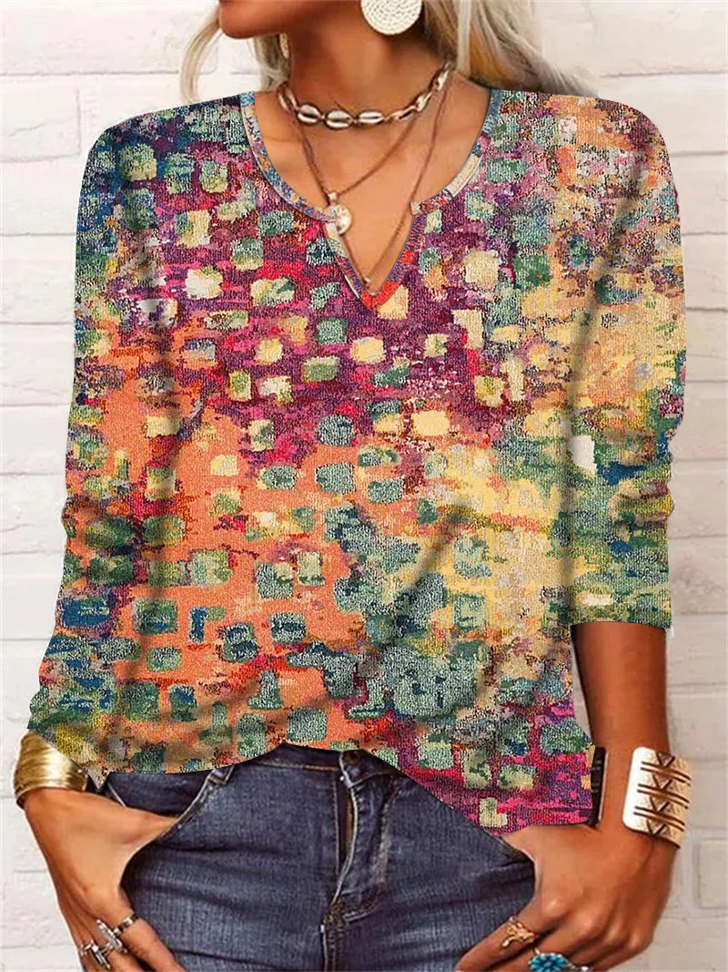 Women's Casual Ethnic Style V-neck Long-sleeved T-shirt - Coral Color