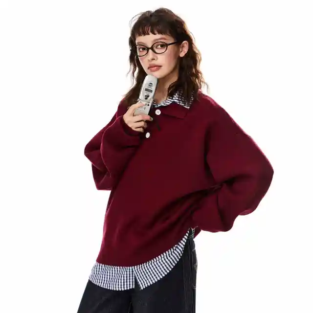 False Two piece Patchwork Polo Collar Sweater Women's Loose Sweater Red - Shop at LoveMi