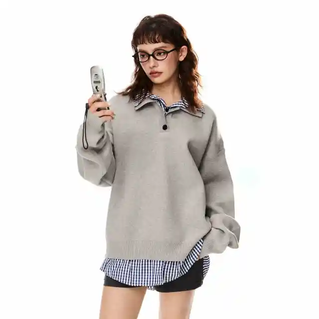 False Two piece Patchwork Polo Collar Sweater Women's Loose Sweater Gray - Shop at LoveMi