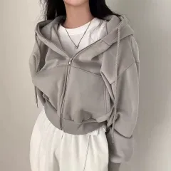 Women's Loose Long Sleeve Zipper Pocket Hoodie - High Cooling Ash - View 1