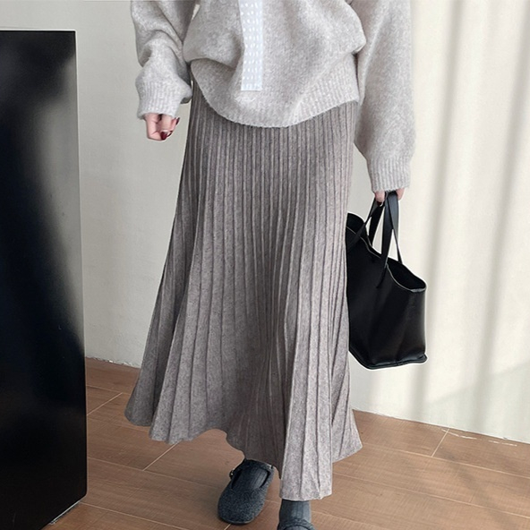 Korean Elastic Waist Knitted Pleated Skirt