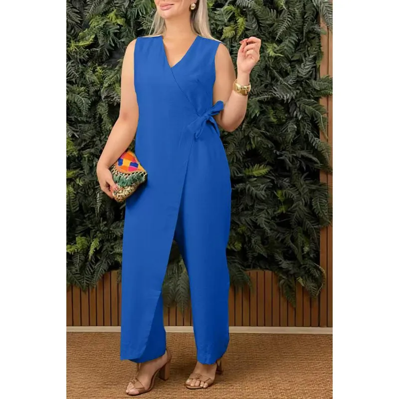 Women's Solid Colour Casual V-neck Bandage Jumpsuit - Blue