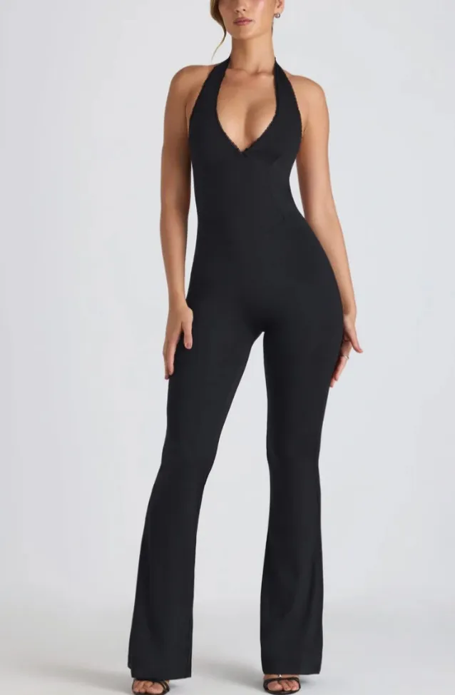 European And American Solid Color Low-cut U-neck Stretch Tight Sexy Sleeveless Jumpsuit - Black
