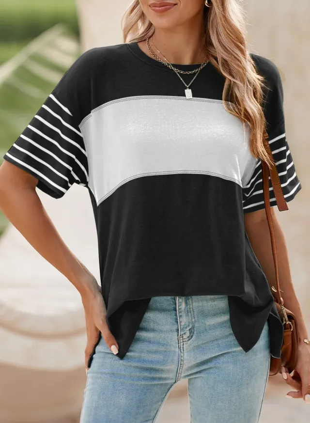 Pullover Crew Neck Casual Striped Contrast Color Short Sleeve T shirt Black - Shop at LoveMi