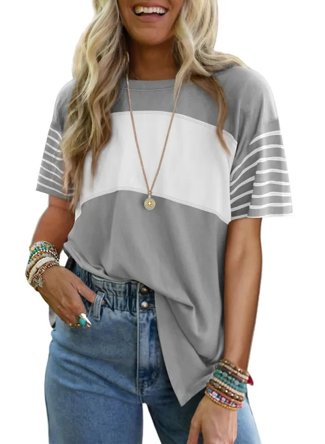 Pullover Crew Neck Casual Striped Contrast Color Short Sleeve T shirt Light Gray - Shop at LoveMi