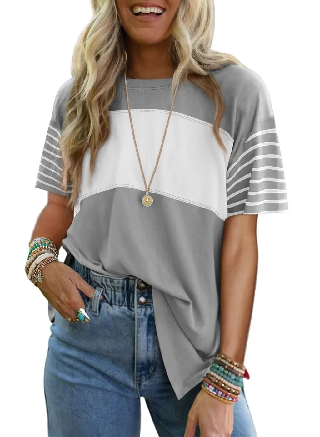 Pullover Crew Neck Casual Striped Contrast Color Short Sleeve T-shirt - Light Gray