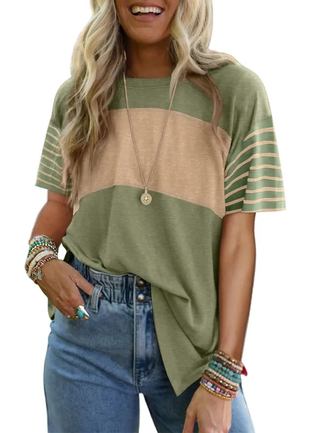 Pullover Crew Neck Casual Striped Contrast Color Short Sleeve T shirt Army Green - Shop at LoveMi