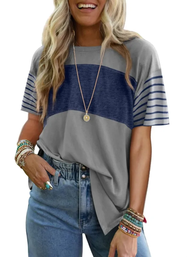Pullover Crew Neck Casual Striped Contrast Color Short Sleeve T shirt Dark Gray - Shop at LoveMi