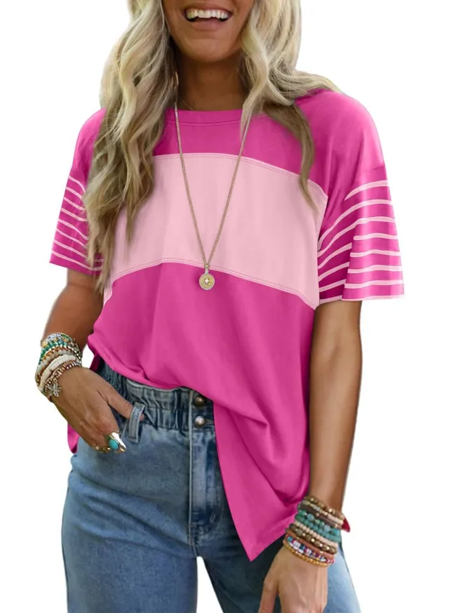 Pullover Crew Neck Casual Striped Contrast Color Short Sleeve T shirt Rose Red - Shop at LoveMi