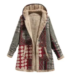 Cotton and linen printed hooded sweater warm plush jacket - Red2 - View 1