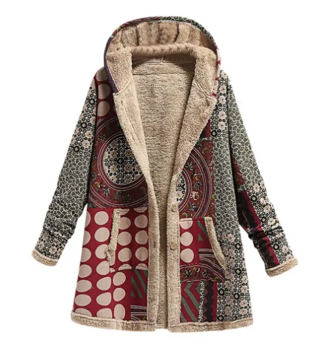 Cotton and linen printed hooded sweater warm plush jacket Red2 - Shop at LoveMi