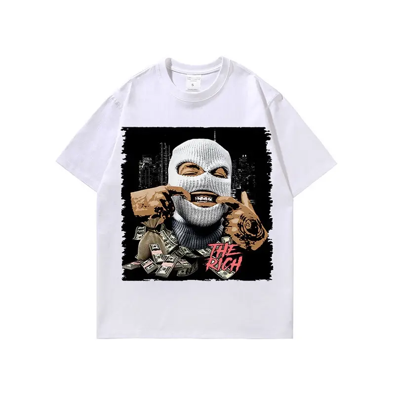 American Retro Spoof Oil Painting Digital Printing Distressed Washed Short-sleeved T-shirt For Men